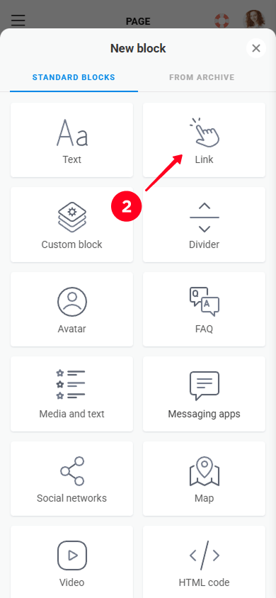 Selecting the Link block in the block library window in Taplink