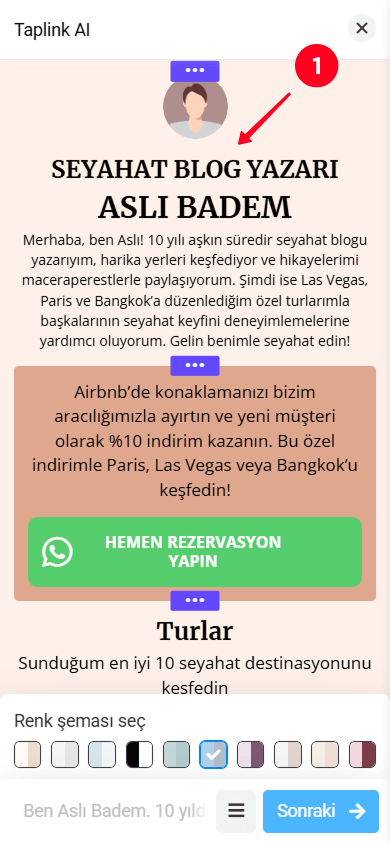 Taplink AI arayüzünde bölüme dokunma