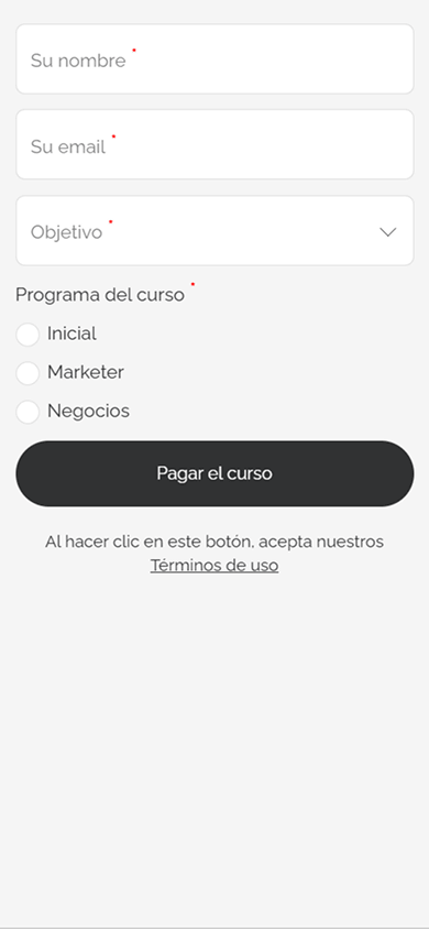 Formulario de pago de un curso creado con el bloque Forma y pagos en Taplink
