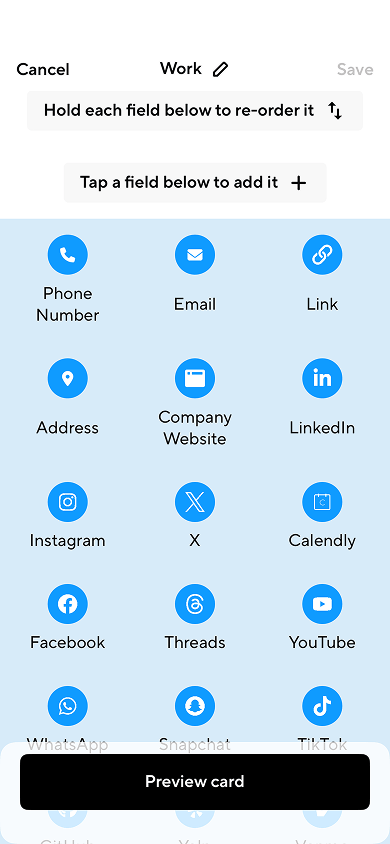 Content blocks available in the Blinq digital business card maker