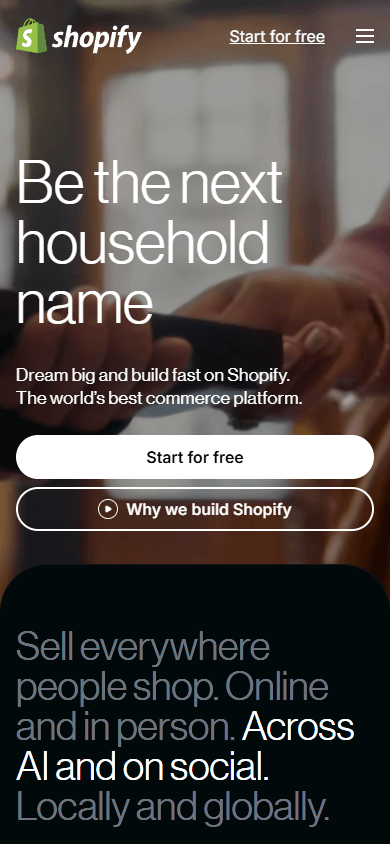 A homepage of Shopify, a mobile online store builder