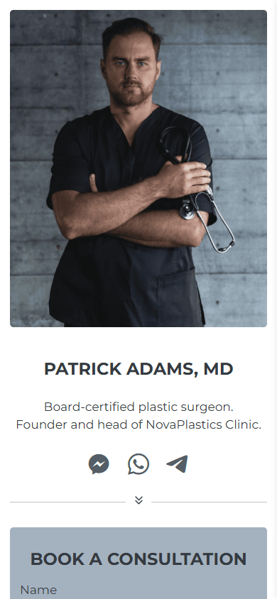 Top of doctor’s digital business card example built with Taplink