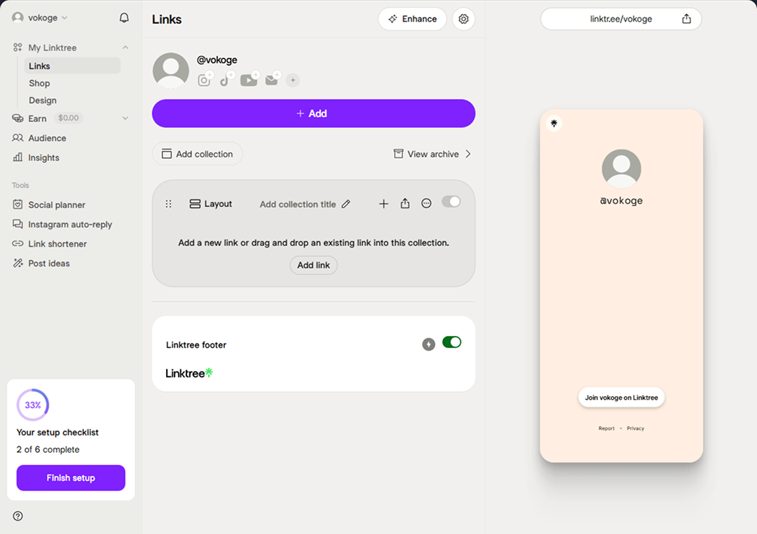 The page settings interface in Linktree