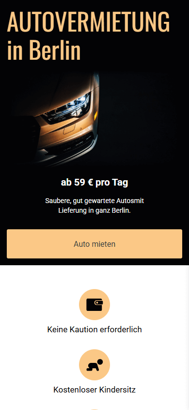 Der obere Bereich des Linktree-Beispiels eines Autovermietungsunternehmens