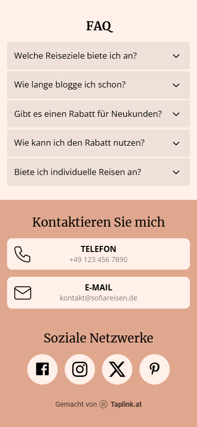 Der untere Teil des Beispiels der mit Taplink AI erstellten Seite