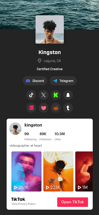 Solo.to landing page with a profile image, text, location, social links, and a TikTok profile