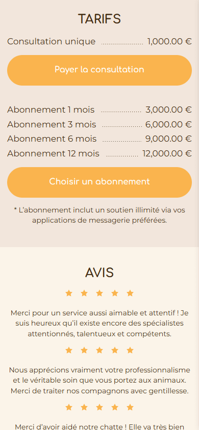 Le bas de l’exemple de Linktree de la clinique vétérinaire