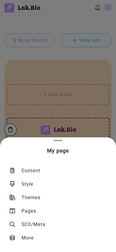 Page settings options available in the Lnk.Bio mobile app
