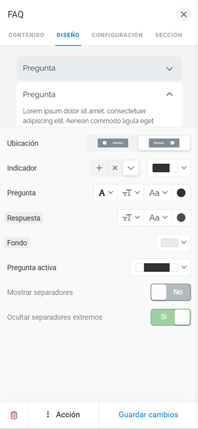 Configuración del diseño del bloque FAQ en Taplink