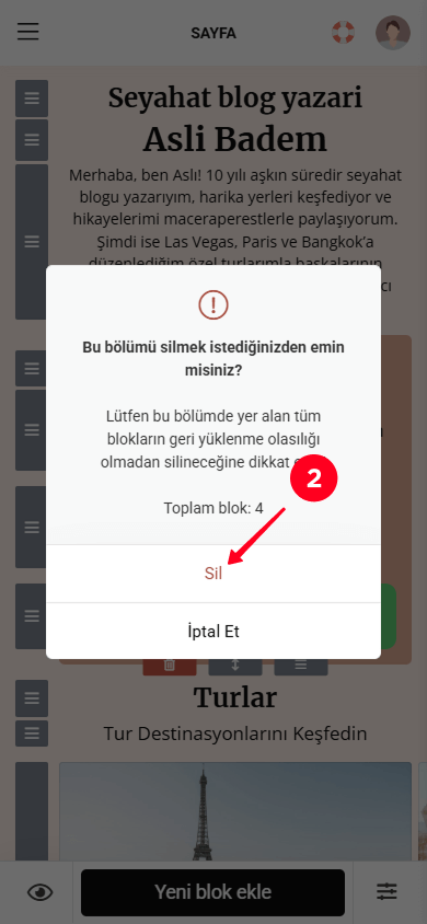 Taplink açılır penceresinde Sil düğmesini seçme