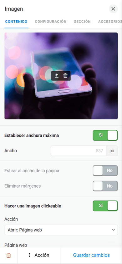 Página de configuración de la imagen en la herramienta de enlace en la biografía de Taplink
