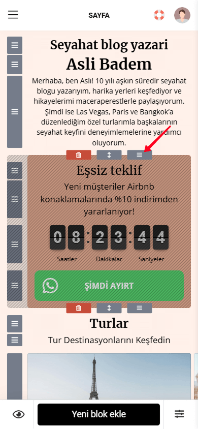 Taplink sayfa oluşturucusunda bir bölümü taşımak için sürükleme simgesini basılı tutma