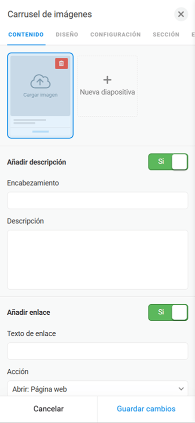 Pestaña de personalización del contenido del bloque Carrusel de imágenes