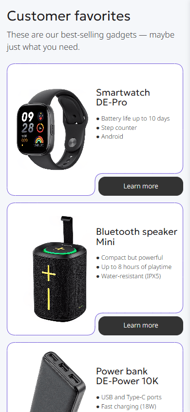 Middle of the gadget store’s link in bio page example