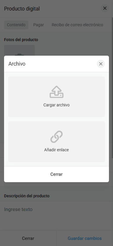 Ventana emergente de configuración del archivo que muestra las opciones para subir un archivo o añadir un enlace