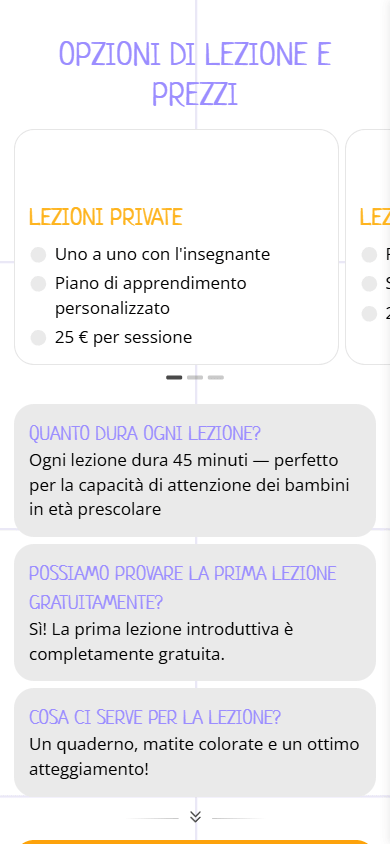 Parte centrale dell’esempio della pagina di link in bio di una scuola per bambini