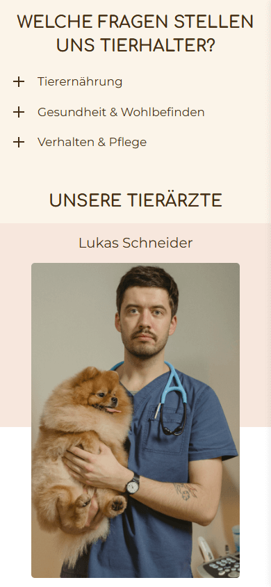 Der mittlere Bereich des Linktree-Beispiels der Tierklinik