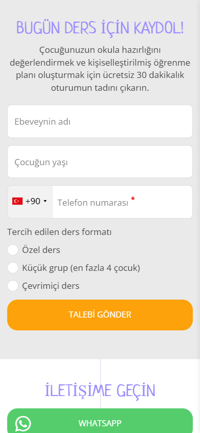 Online okul bio link sayfasının alt kısmı