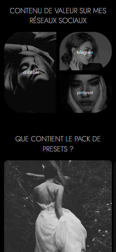 Partie centrale de la page de link in bio d’un photographe
