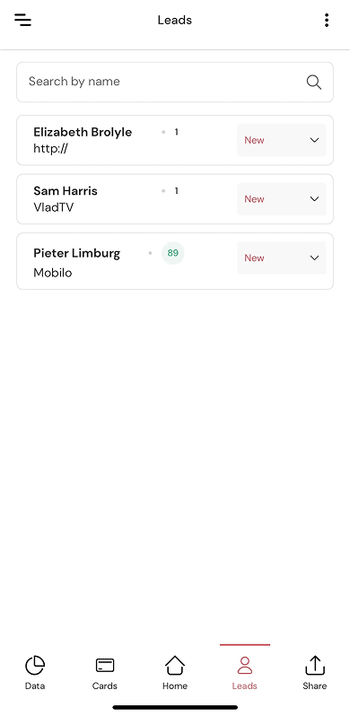 CRM page in the Mobilo digital business card app