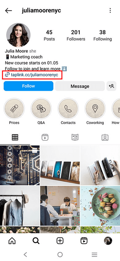 Instagram profile with a digital business card link highlighted in the Instagram profile bio