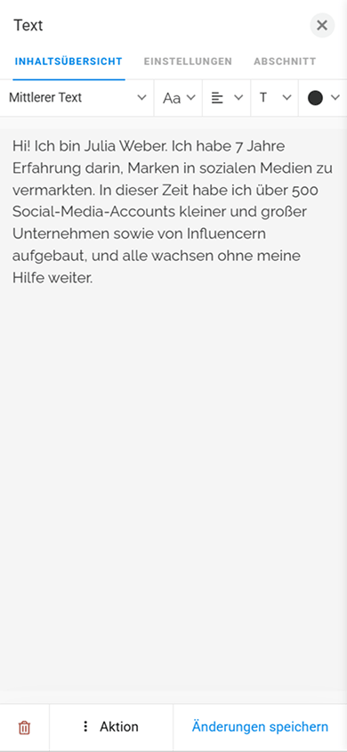 Inhaltseinstellungen im Block „Text“ von Taplink