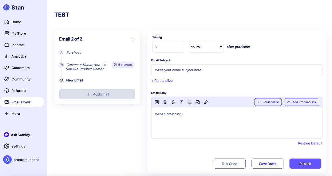 Email flow setup page in the Stan Store account