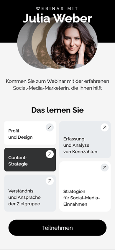 Werbung für ein Social-Media-Webinar, erstellt mit dem Block „Benutzerdefinierter Block“ von Taplink