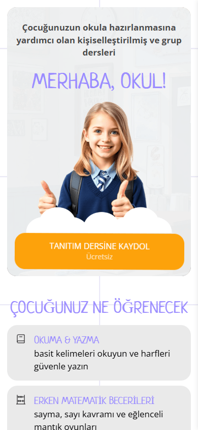 Çocuklara yönelik online okulun bio link sayfası örneğinin üst kısmı
