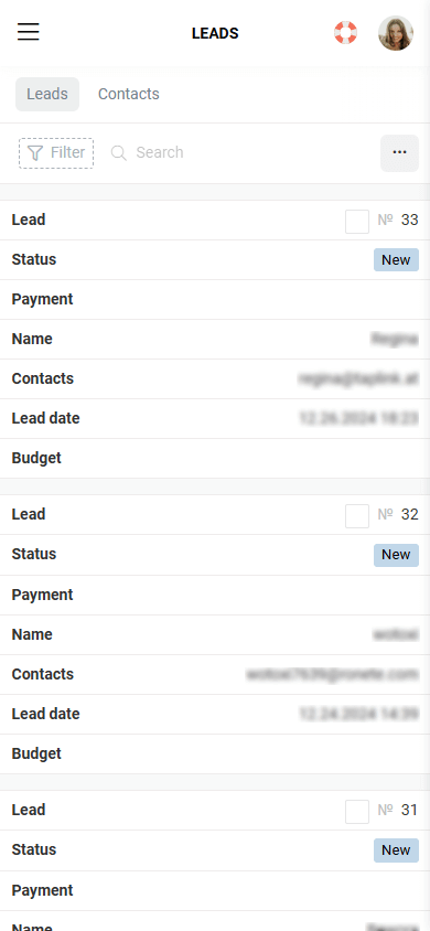  Página de leads da Taplink com detalhes sobre os clientes