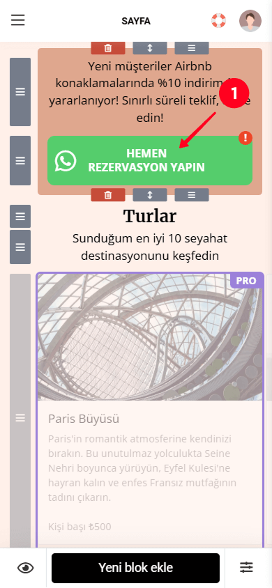 Taplink sayfa oluşturucuda Mesajlaşma uygulaması bloğuna dokunma