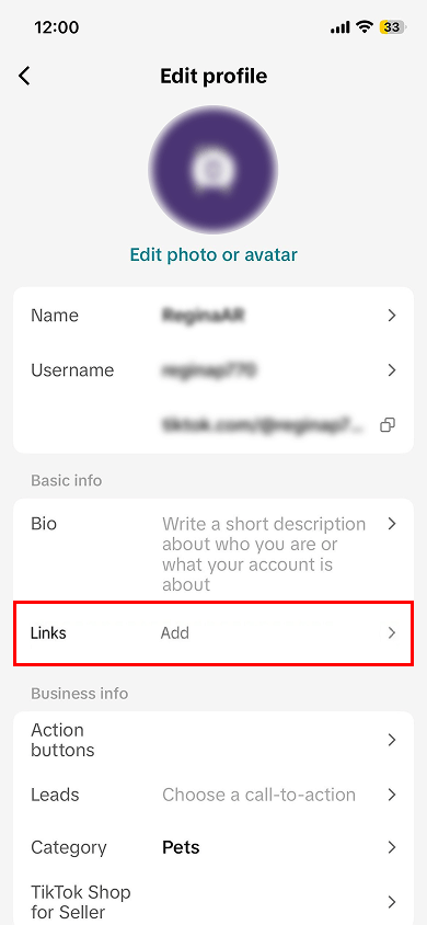 A Links field in the TikTok profile settings highlighted