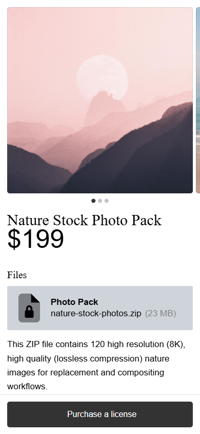 Photo pack product page with previews and a ZIP file