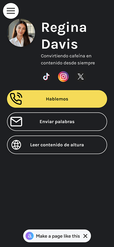 Página de link en bio de atom.bio con un botón destacado en amarillo