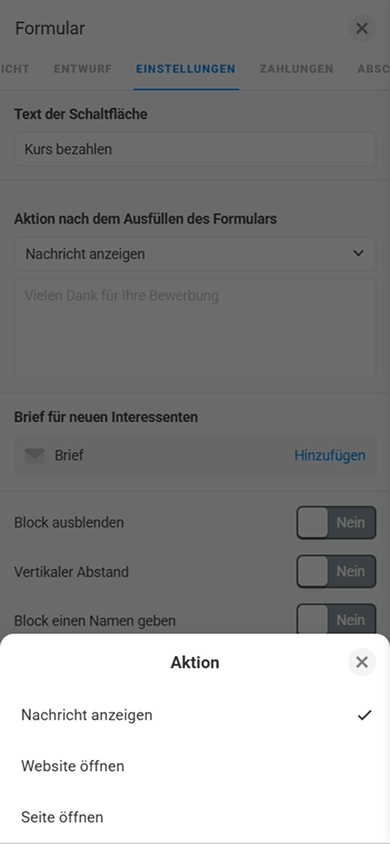 Fenster mit Einstellungen für die Aktion nach dem Absenden des Formulars im Block „Formular und Zahlungen“