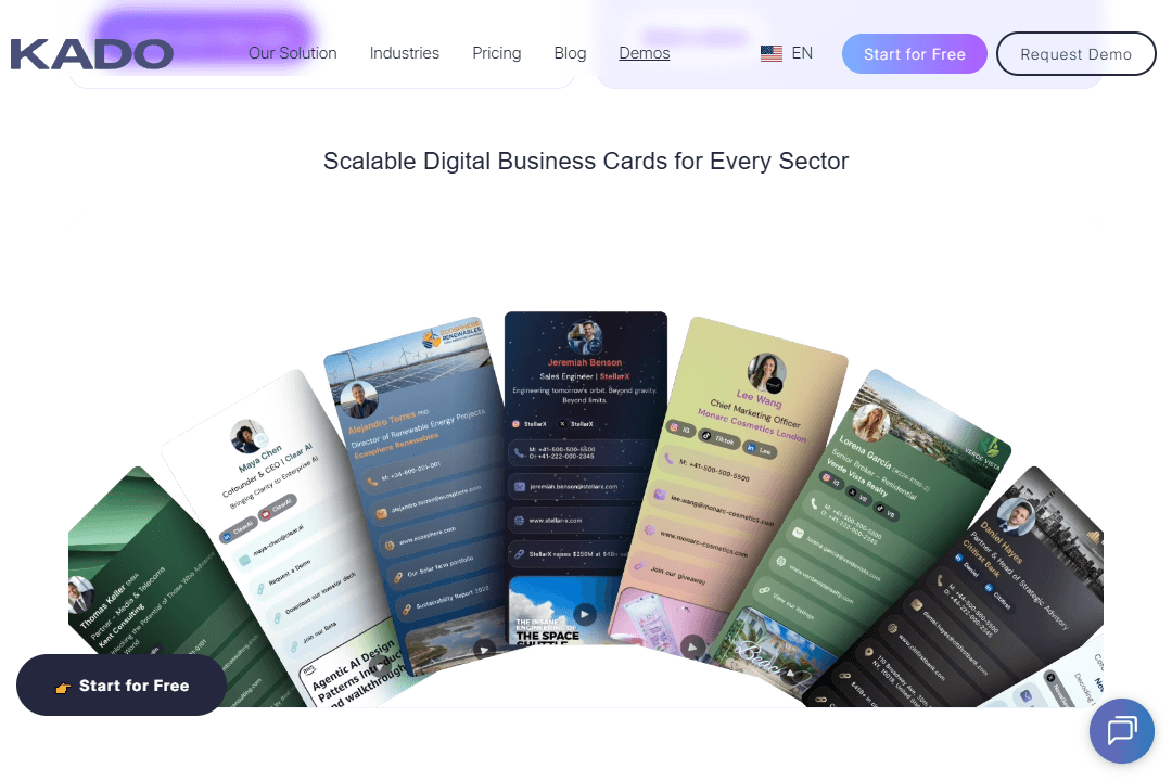 Digital business card designs on the Kado homepage