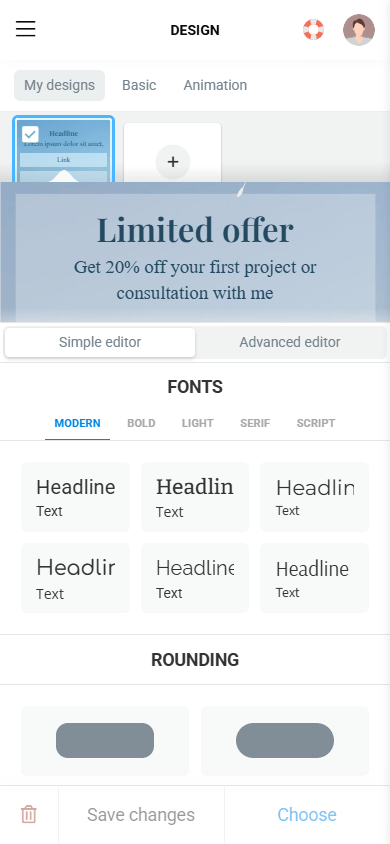 Font and button rounding settings in the Design tab in Taplink