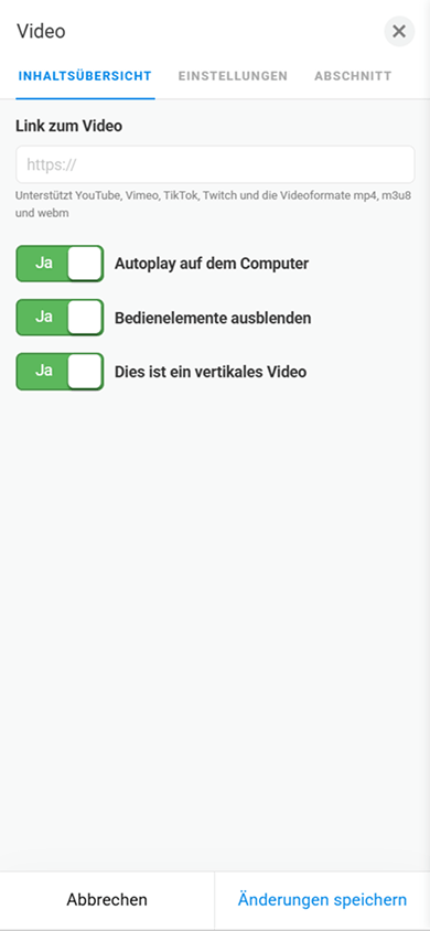 Einstellungsseite des Blocks „Video“ in Taplink