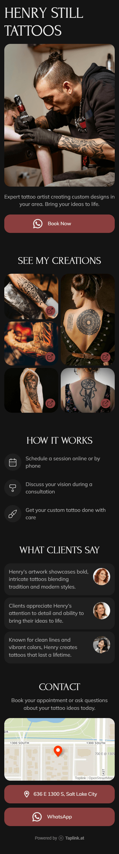 An example with a Taplink digital portfolio website for a tattoo artist