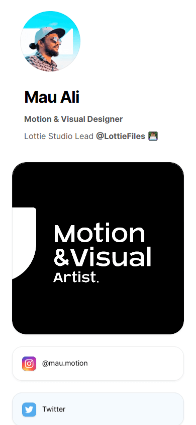 Motion and visual designer’s page built with Bento.me