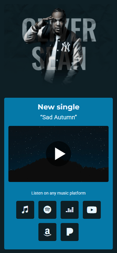 Musician’s virtual business card that features a hero image, headings, a video, and music links