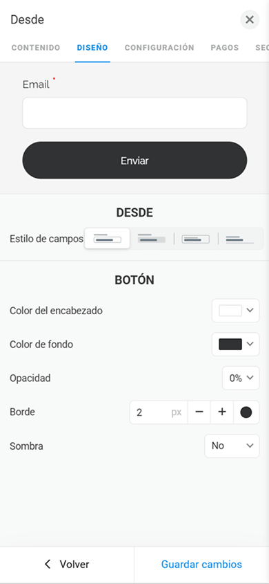 Pestaña de personalización del diseño del bloque Forma y pagos en Taplink