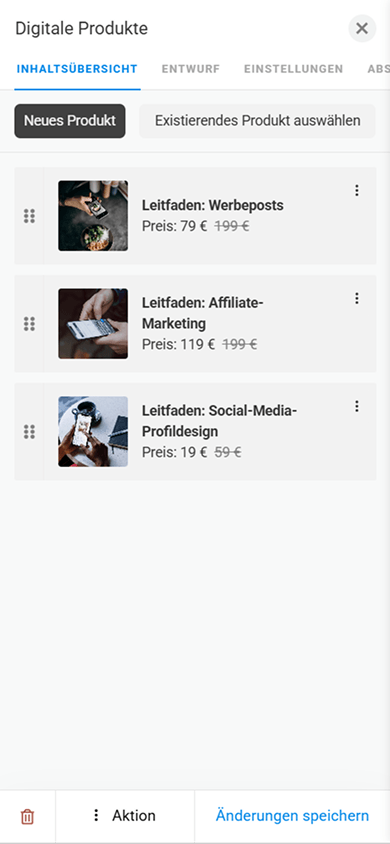 Einstellungsseite des Blocks „Digitale Produkte“ in Taplink