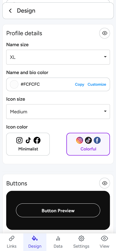 Title, icon, and button customization settings in atom.bio
