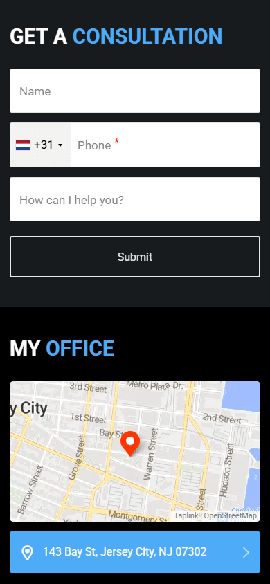 The bottom of the Taplink page of a lawyer displaying text, a form, and a map