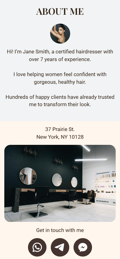 Bottom of the digital business card of a hairstylist