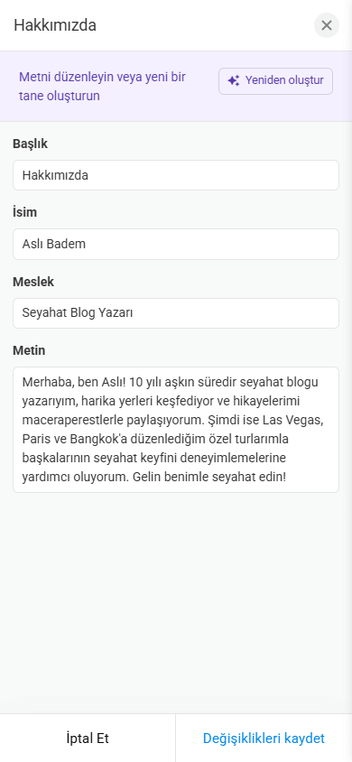 Taplink AI link in bio aracında bir Hakkımızda bölümü özelleştirme penceresi