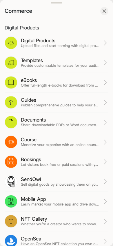 Digital product blocks available for addition to the Linktree page