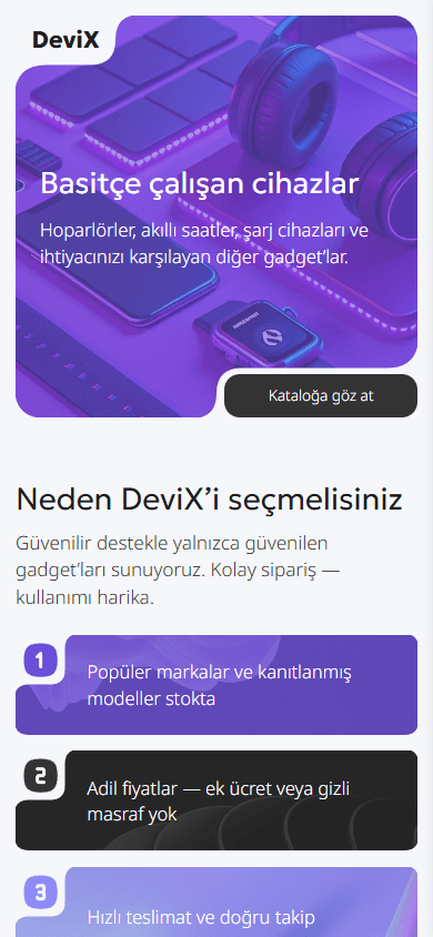 Gadget mağazasının bio link sayfası örneğinin üst kısmı