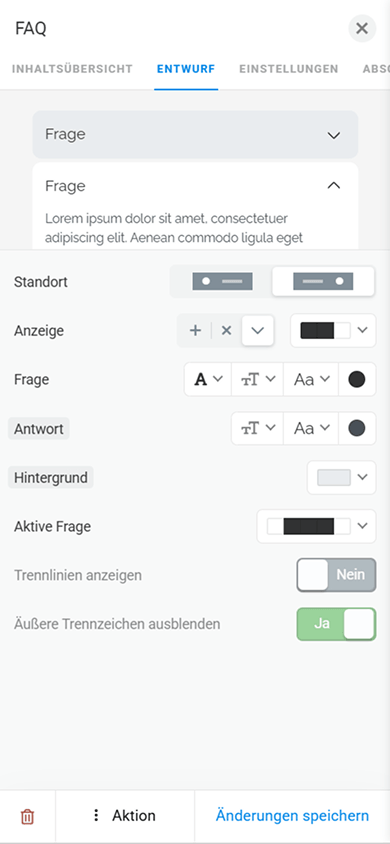 Designeinstellungen des Blocks „FAQ“ in Taplink